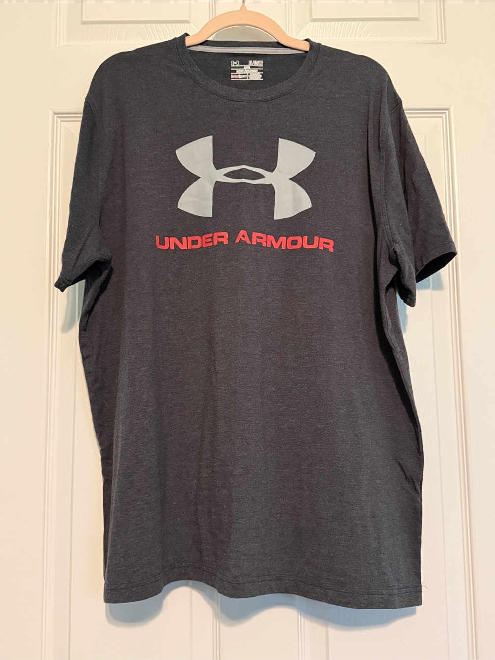 Under Armour Charcoal Short-Sleeve Tee with Gray Logo and Red Text